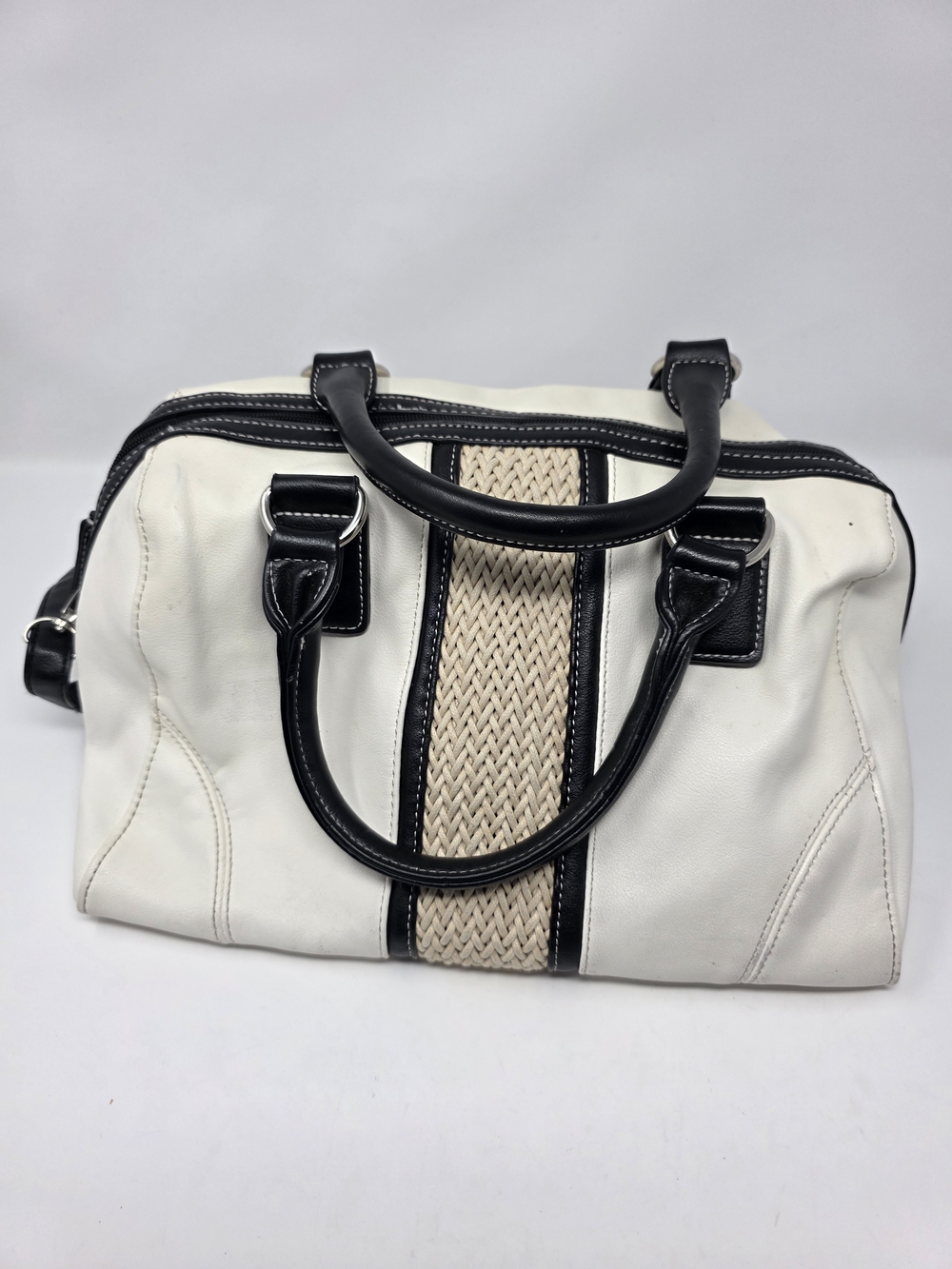 David Jones Paris Cream Black Satchel Crossbody Bag Woven Raffia Panel